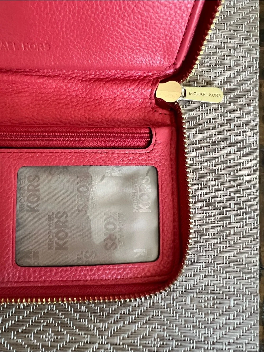 Michael Kors Fulton Pinkish Red Zip Around Leather Phone Case Wristlet Wallet
